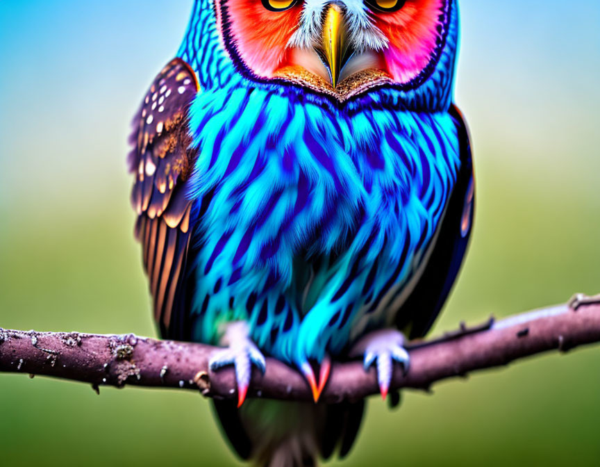 Colorful Blue and Orange Owl on Branch with Green Background