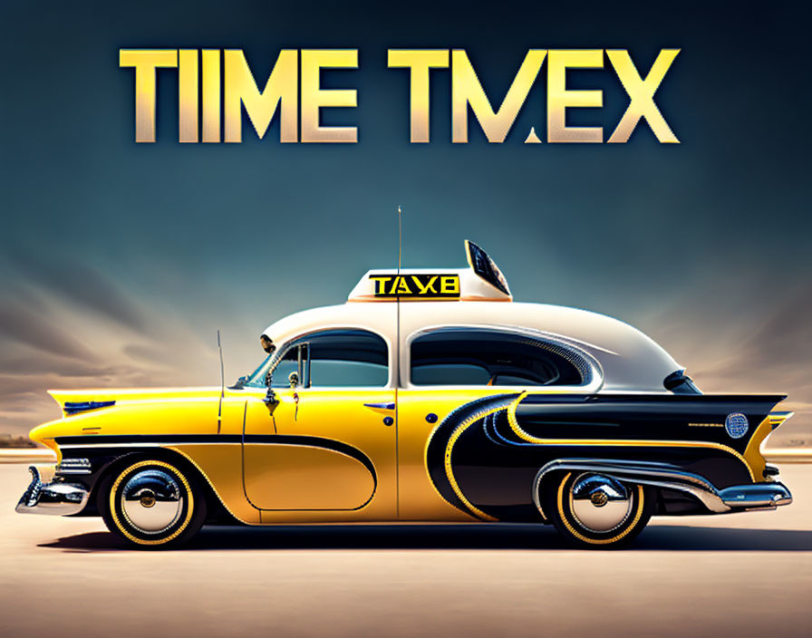 Vintage Yellow Taxi Artwork with "TIME TMEX" Text on Warm Gradient Background
