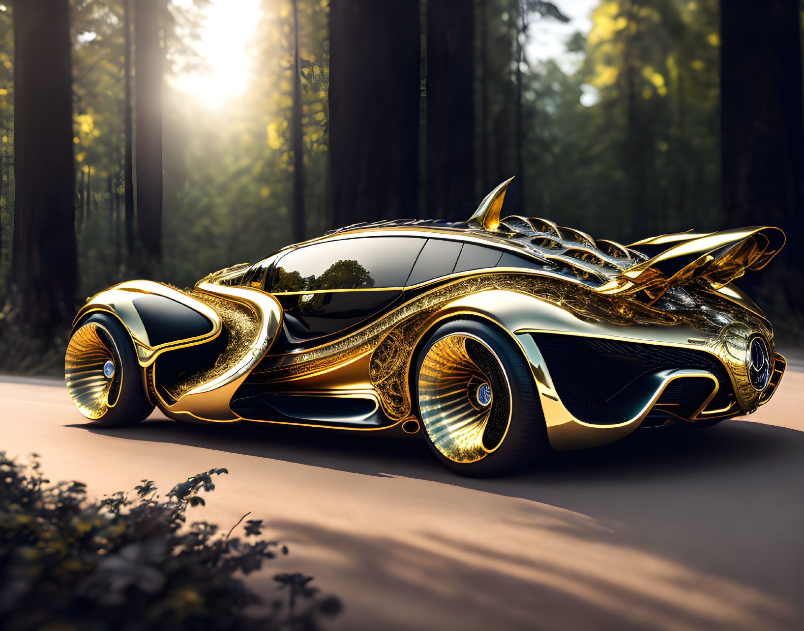 Sleek Black and Gold Futuristic Car in Forest at Sunset