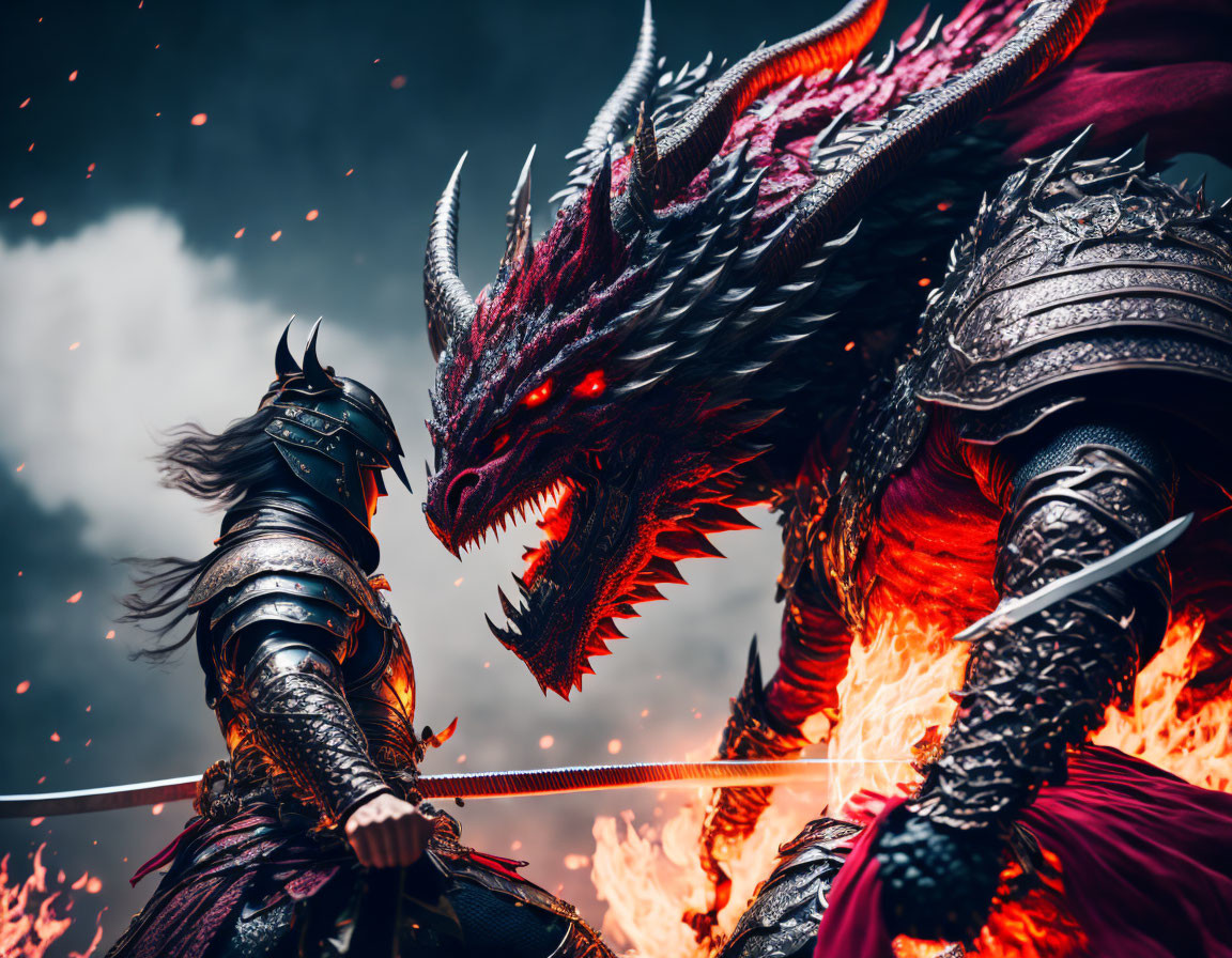 Warrior in black armor battles fiery red dragon in dramatic sky