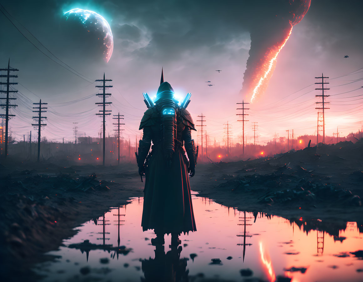 Futuristic warrior in dystopian landscape with broken moon and falling meteorites