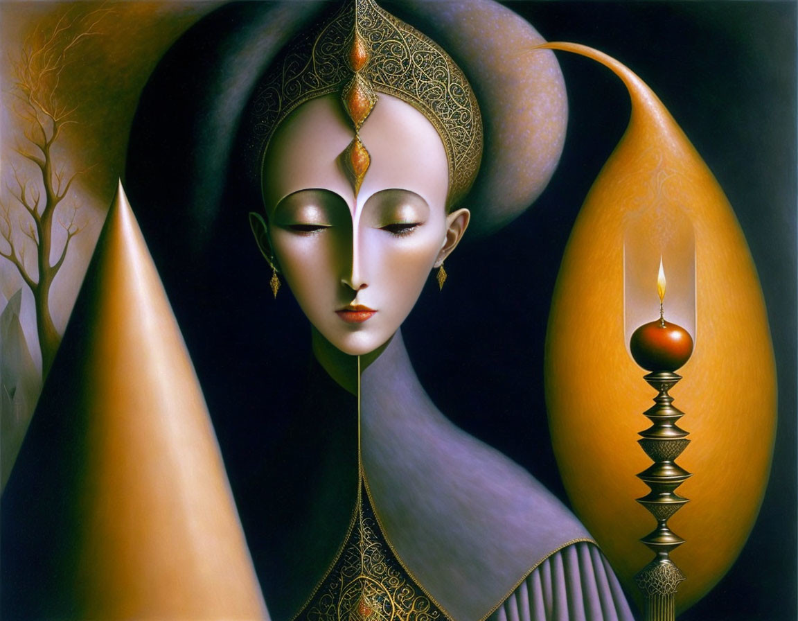 Surreal painting: Woman with elongated neck, ornate headdress, candle, and abstract