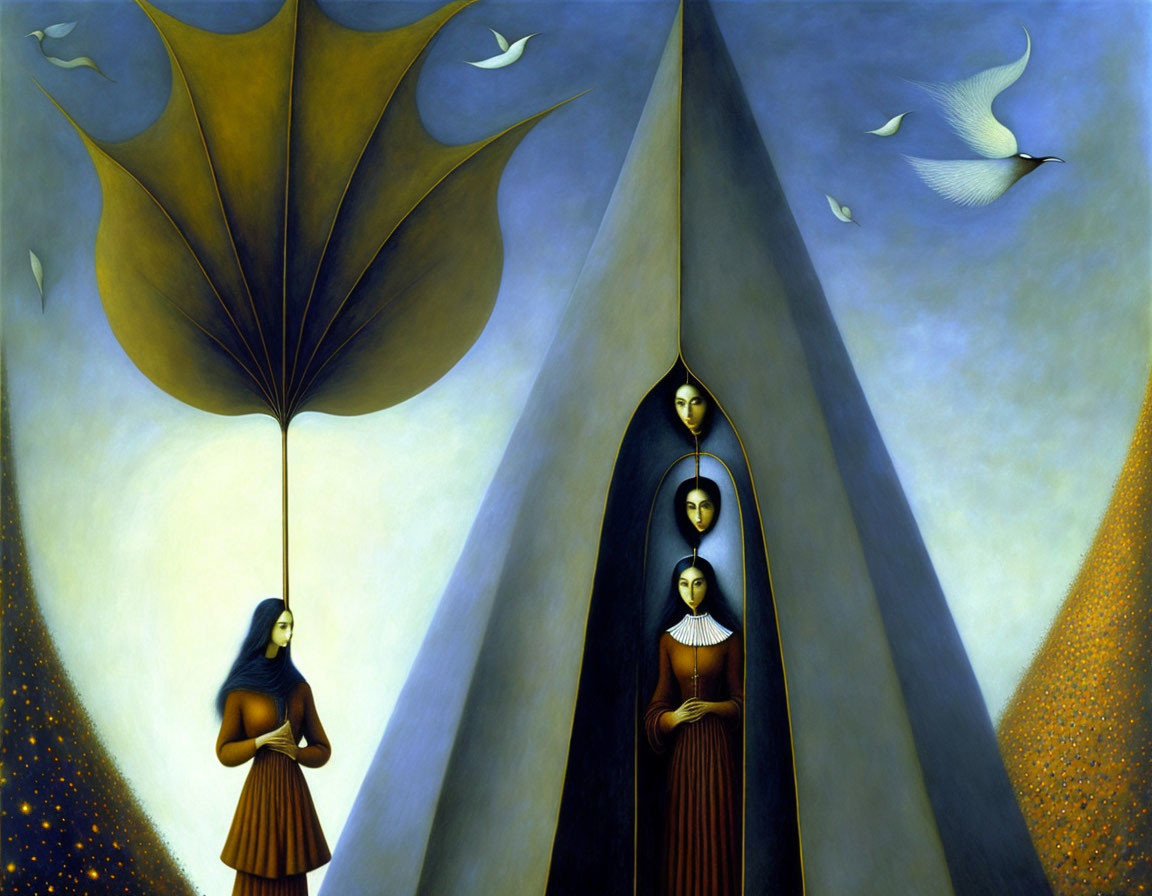 Surreal painting: Five figures under leaf structure with peaks & birds