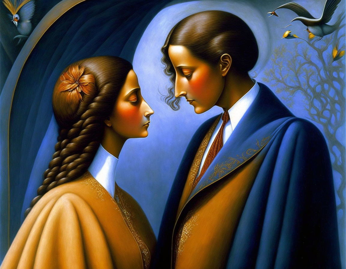 Surreal illustration of man and woman with elongated faces against blue background