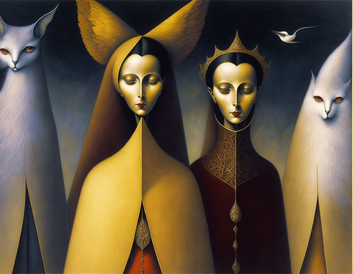 Surrealist artwork with elongated faces, regal attire, crown, and white cats on dark