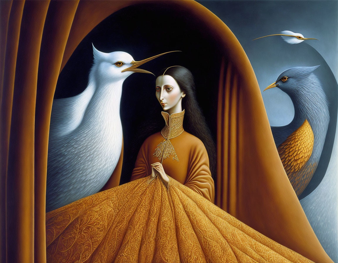 Surreal painting of woman in orange gown with stylized birds in dreamlike setting