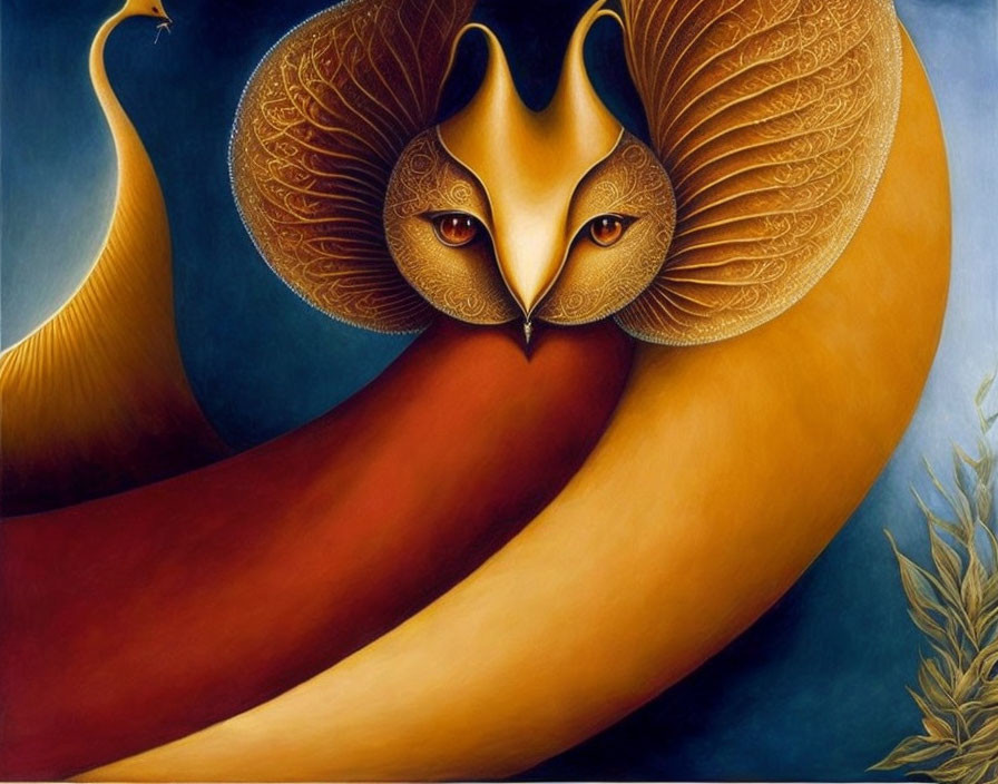 Stylized painting of owl with intricate, vibrant wings