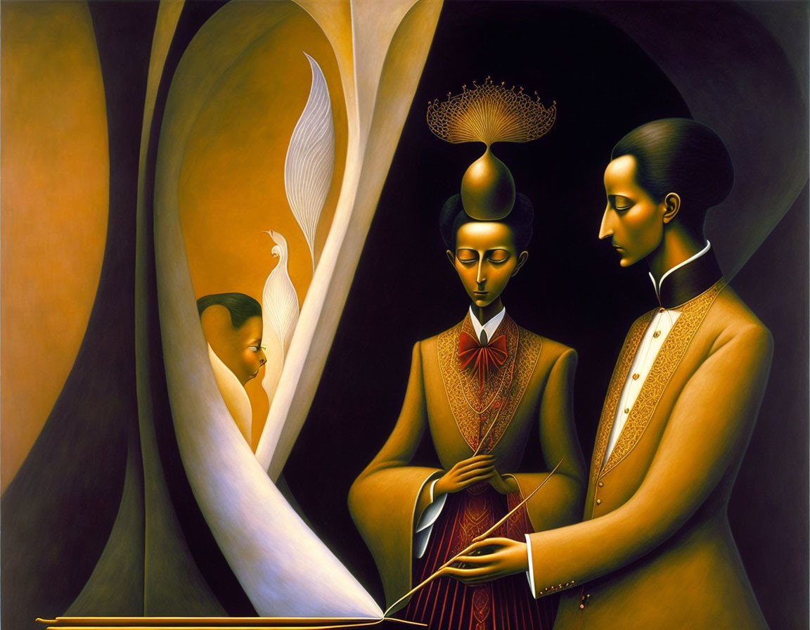 Stylized figures in formal attire reading a book with surreal bird-like form