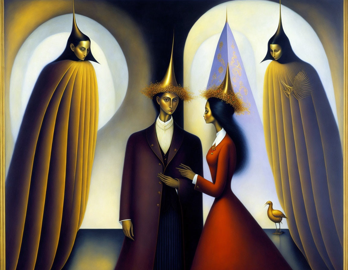Surreal painting of elegant figures with elongated features and ornate headpieces, surrounded by clo