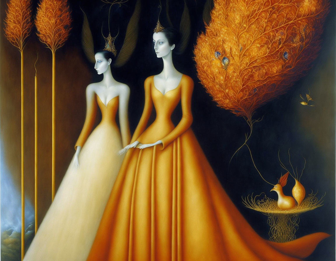 Surreal painting featuring elegant women in orange gowns amid peacock feathers.