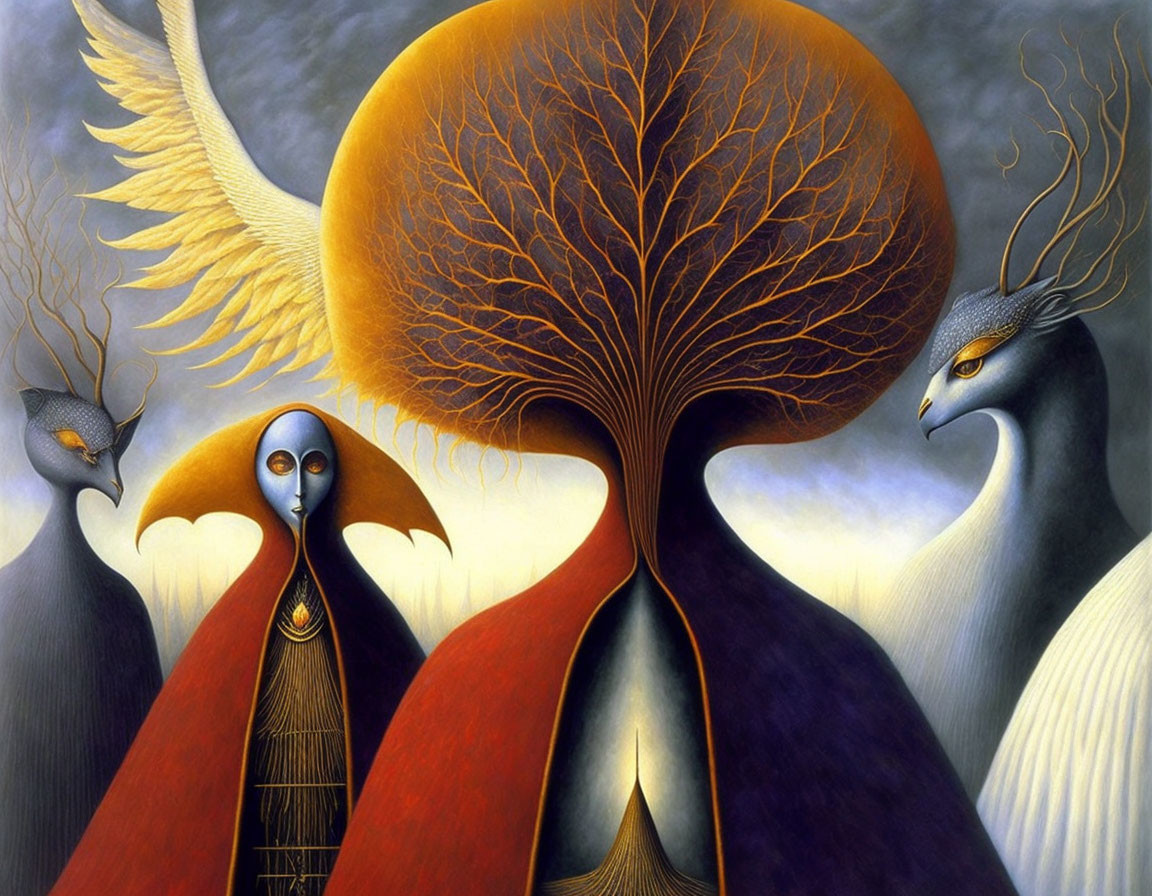 Surreal painting featuring three bird-like figures under a dense tree.