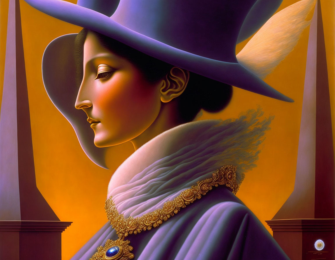 Stylized portrait of woman in purple hat with elegant collar and gold necklace