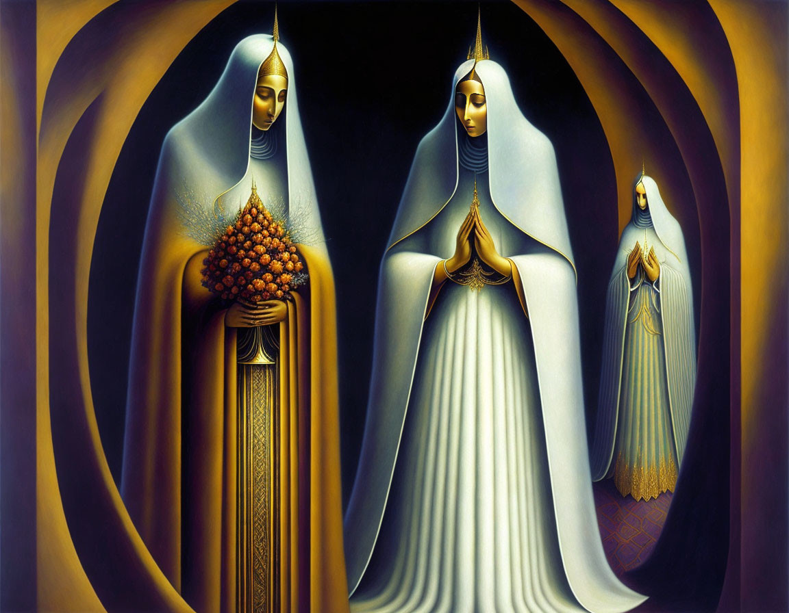 Stylized figures in flowing robes on golden backdrop
