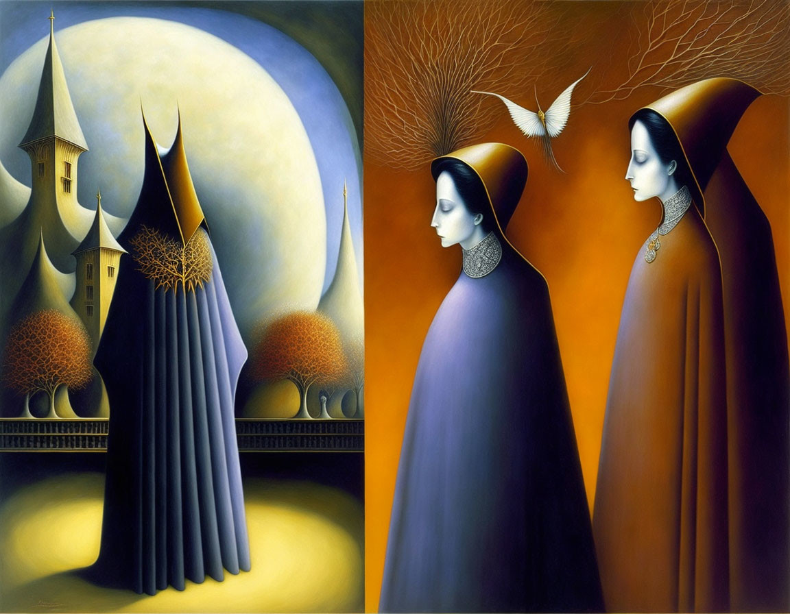Surreal artwork of cloaked figures, castle, moon, trees, and owl