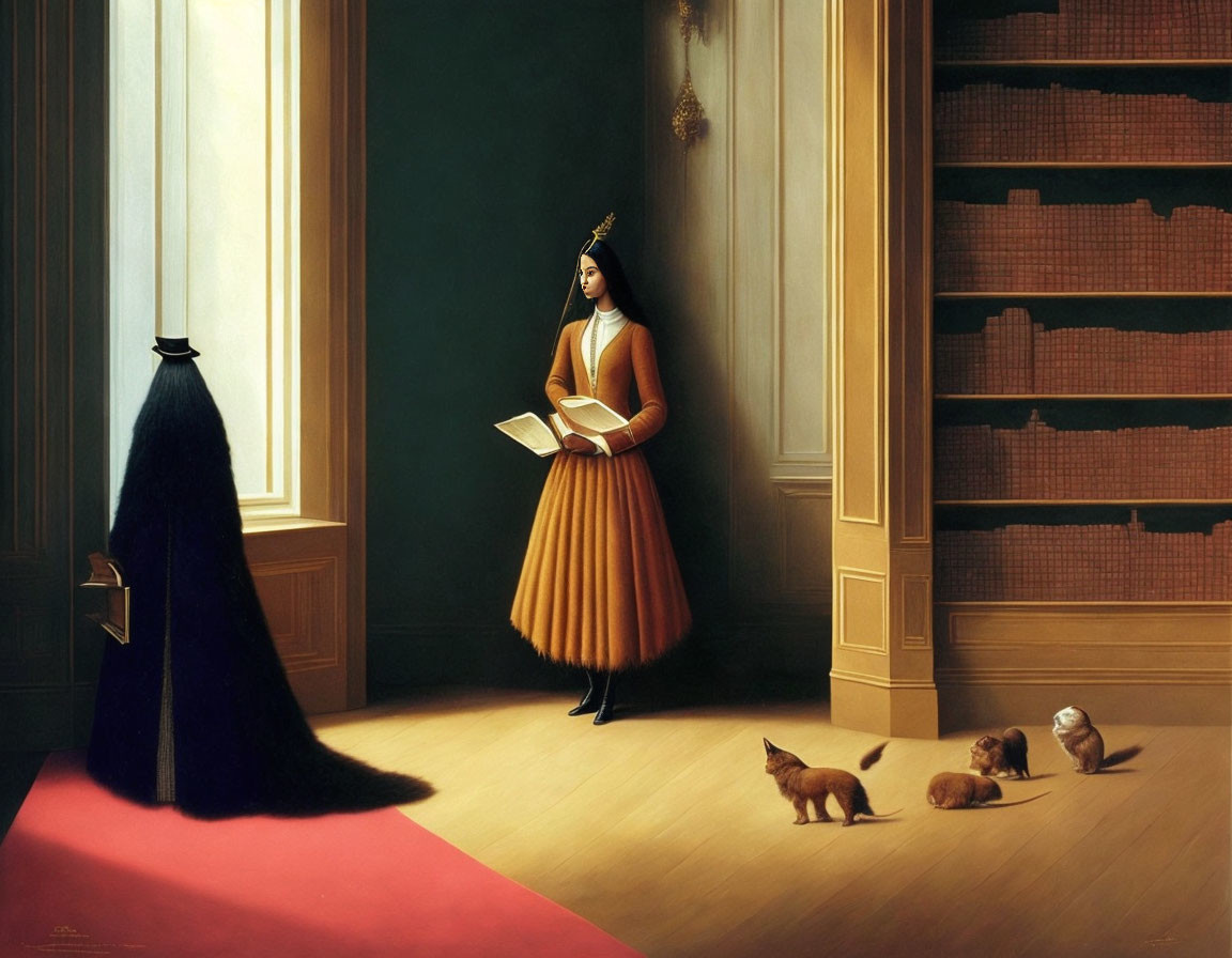 Surreal painting of woman in orange dress reading book with shadowy figure and cats in room
