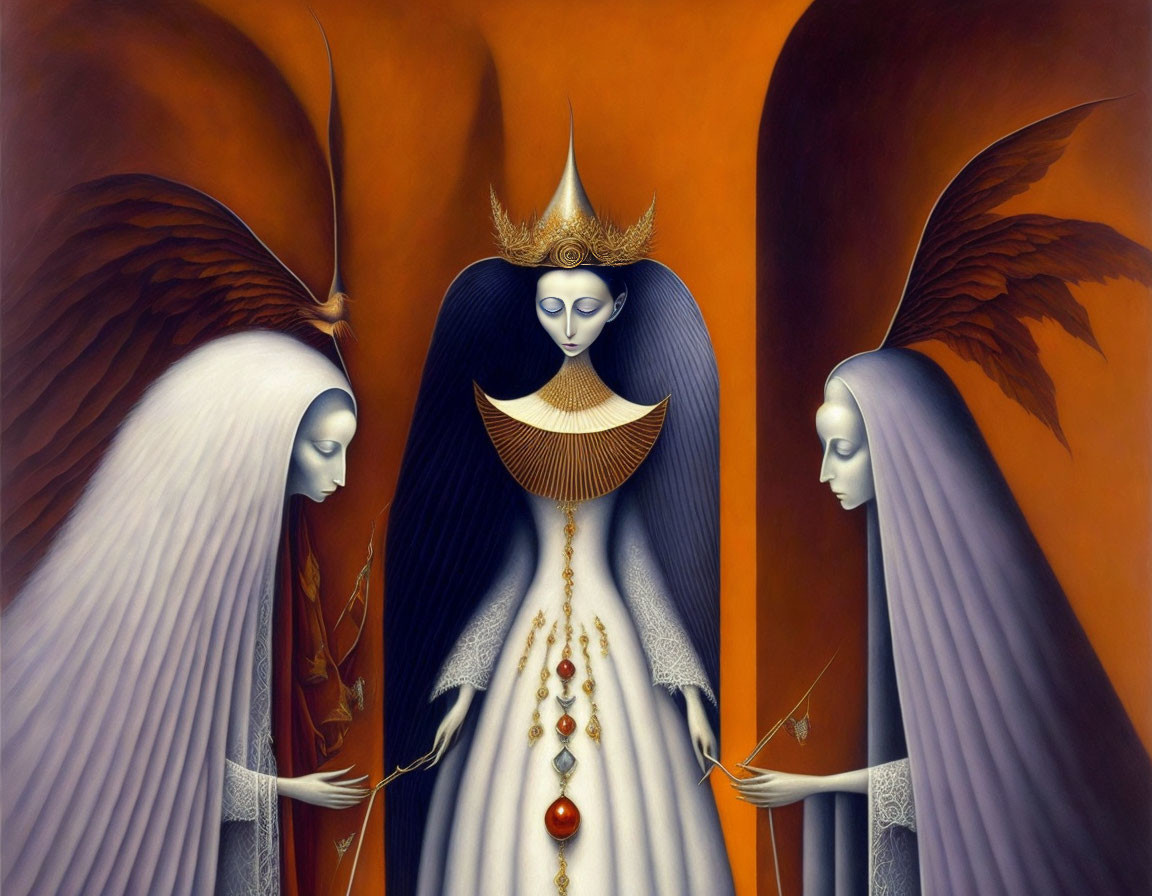 Stylized painting of three angelic figures with wings and warm colors