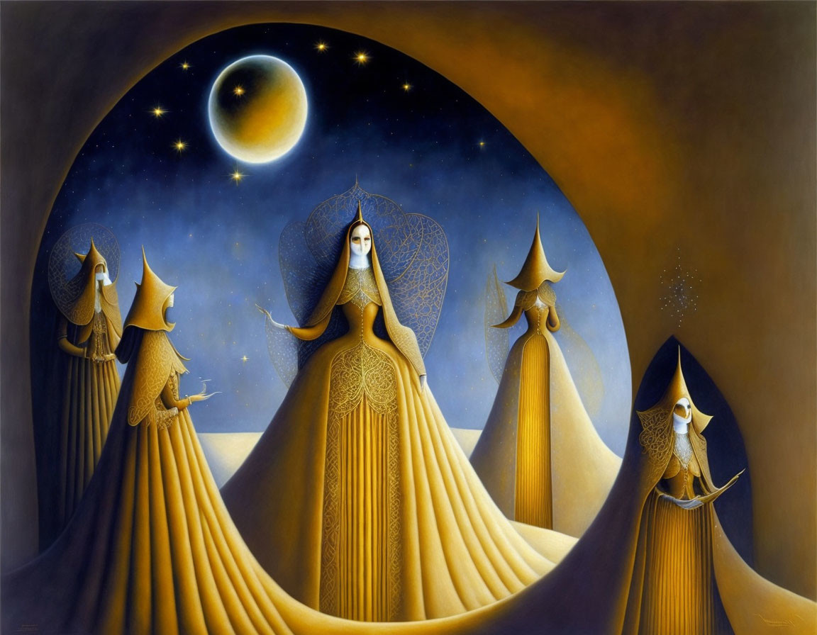 Surrealistic painting of robed figures under crescent moon