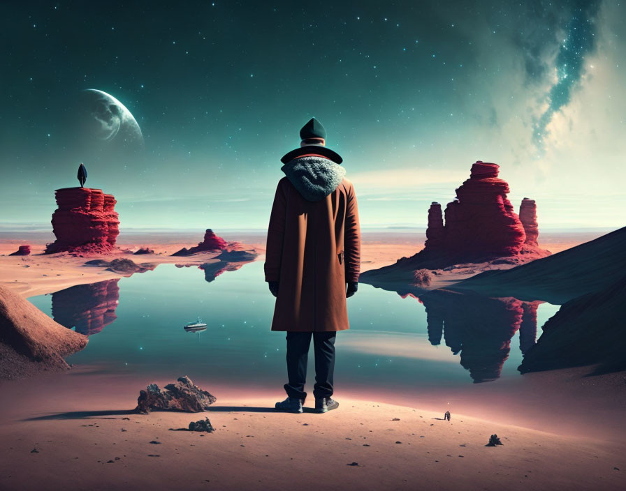 Person in coat gazes at surreal landscape with rock formations, water body, boat, moon