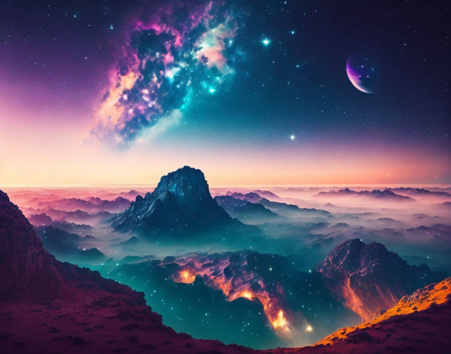 Colorful cosmic scene with nebula, stars, planet, mountains, and sunset sky
