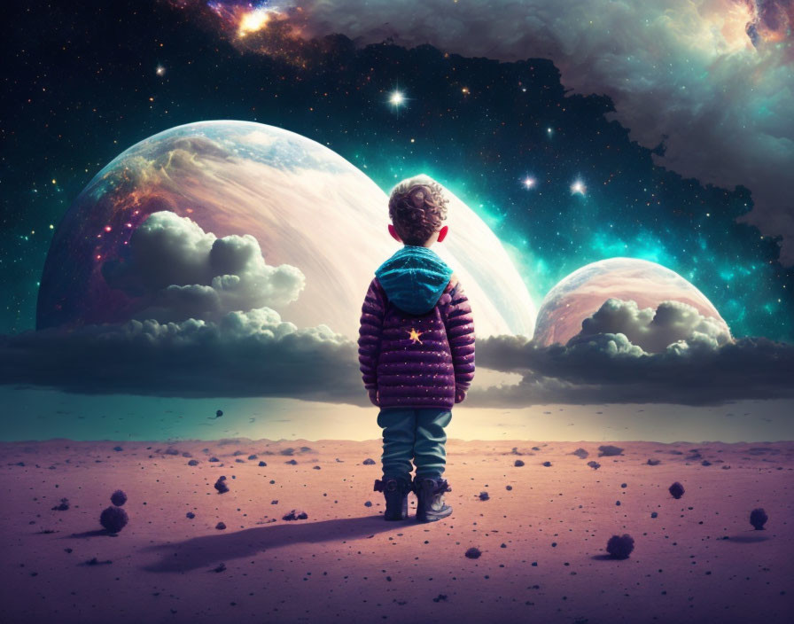 Child observing surreal cosmic landscape with large planets, stars, and floating rocks