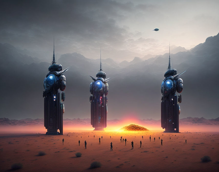 Sci-fi desert landscape with towering structures and glowing horizon