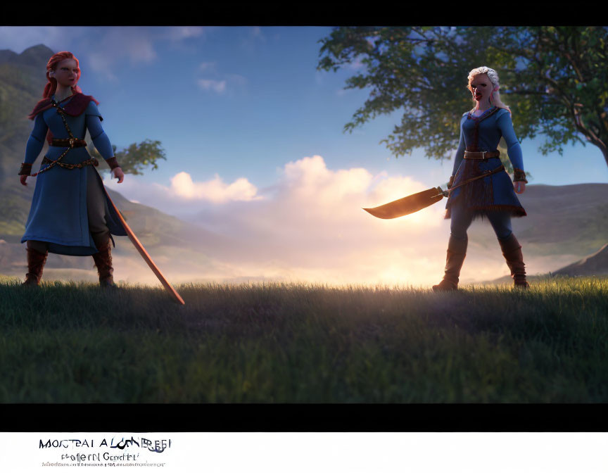 Animated characters in medieval attire with sword and staff in grassy field at sunset