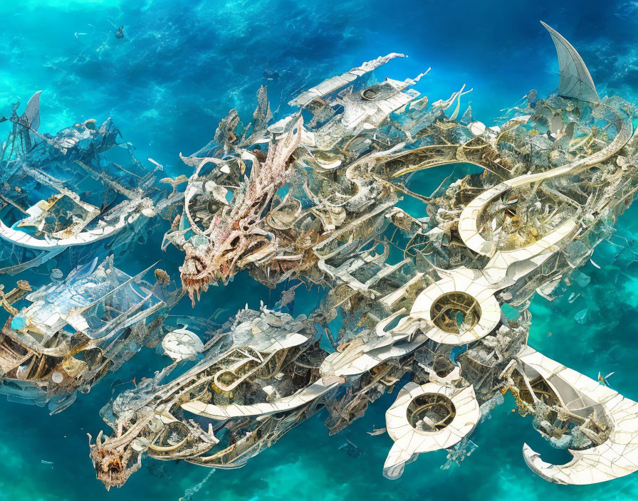Elaborate Fantasy Ships Above Crystal-Clear Ocean