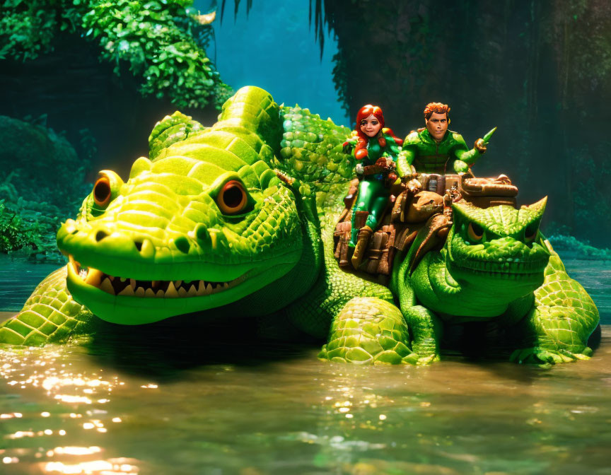 Two red-haired characters in green outfits ride friendly green crocodiles in a lush jungle.