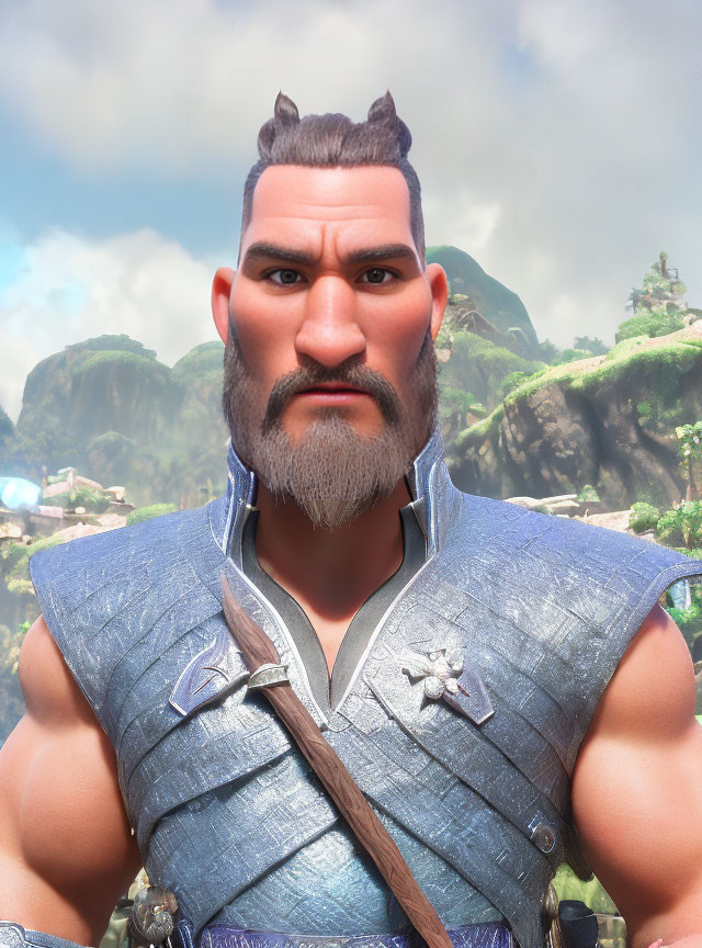 Stoic warrior in blue-grey armor on hilly background