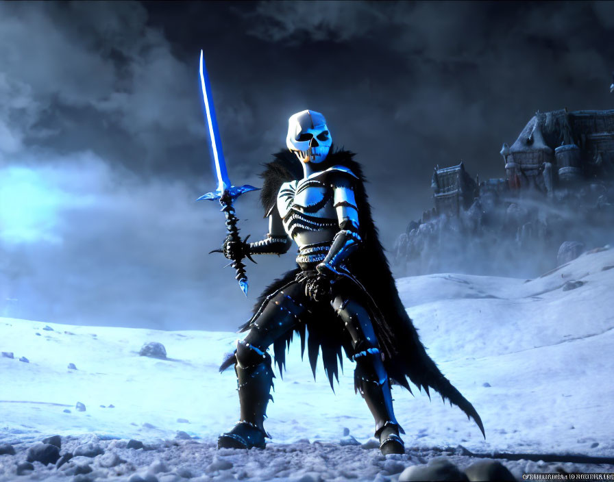 Skeleton warrior in black armor wields blue sword on snowy battlefield
