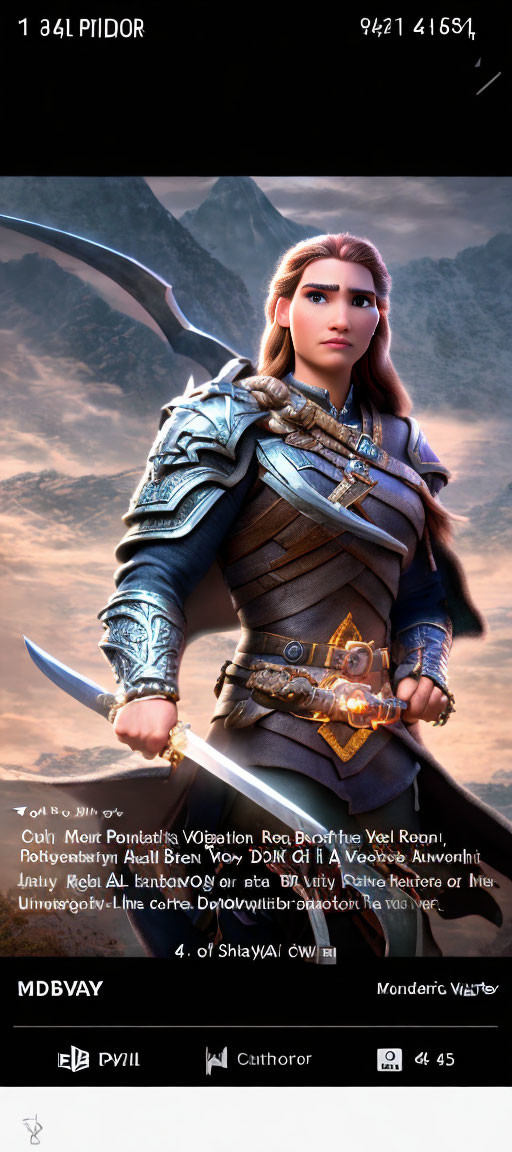 Animated female character in leather armor with sword against mountainous backdrop