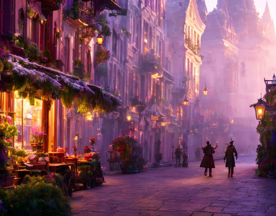 Enchanting misty street with quaint shops and flowers under a warm purple haze