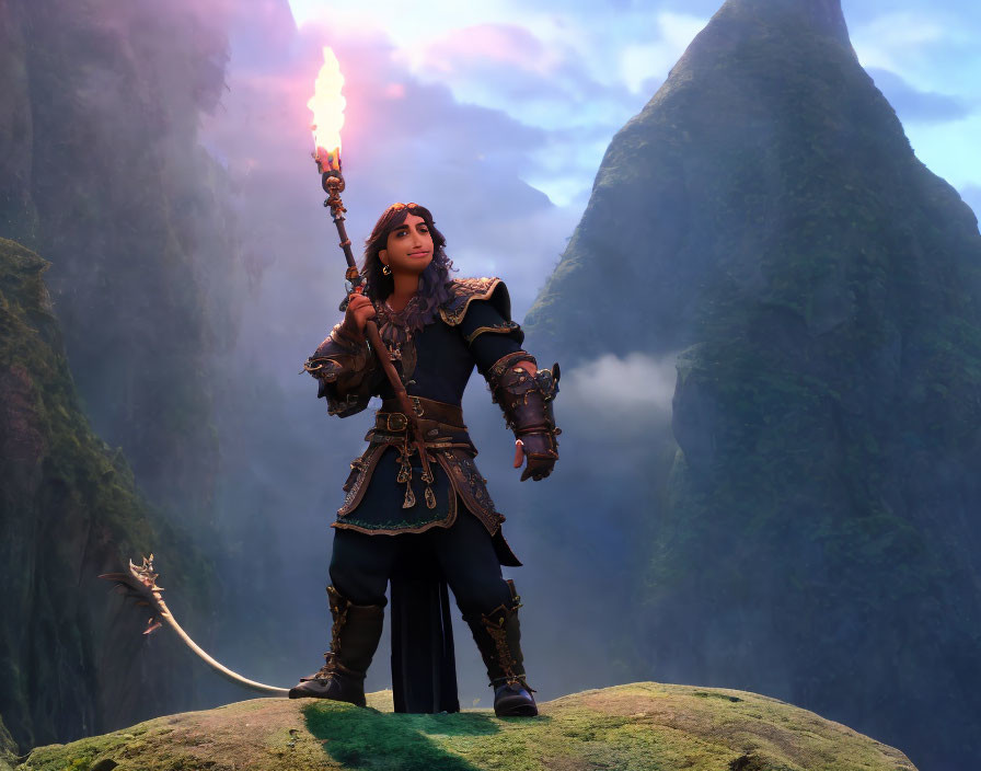 Confident animated character with flaming staff on rocky outcrop