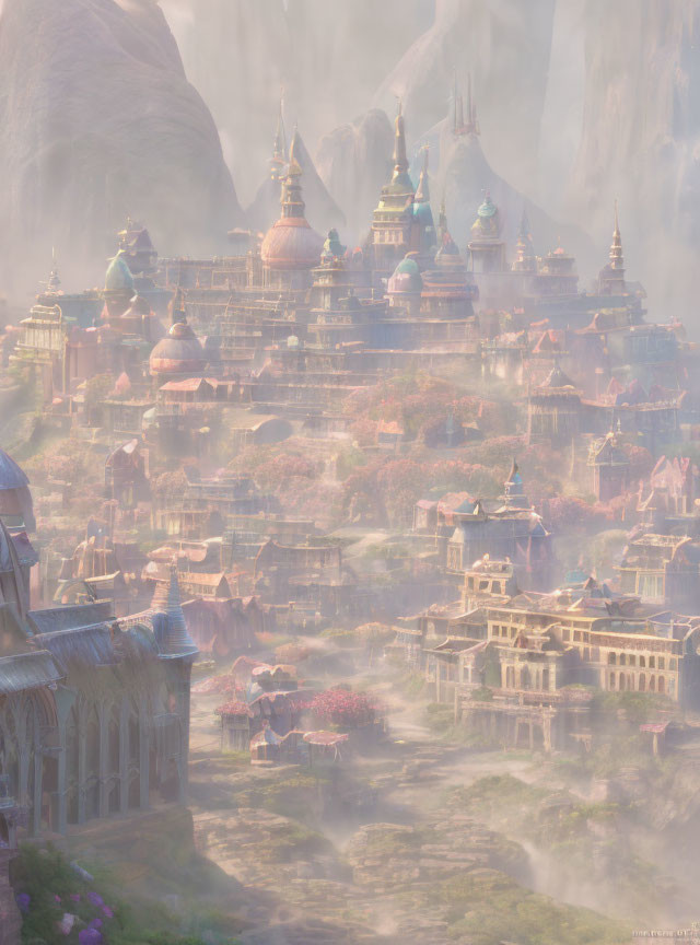 Ethereal fantasy cityscape with terraces, ornate buildings, and rock formations