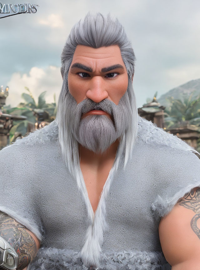 Strong Build 3D Animated Character with Grey Beard and Arm Tattoos in Ancient Ruins Backdrop