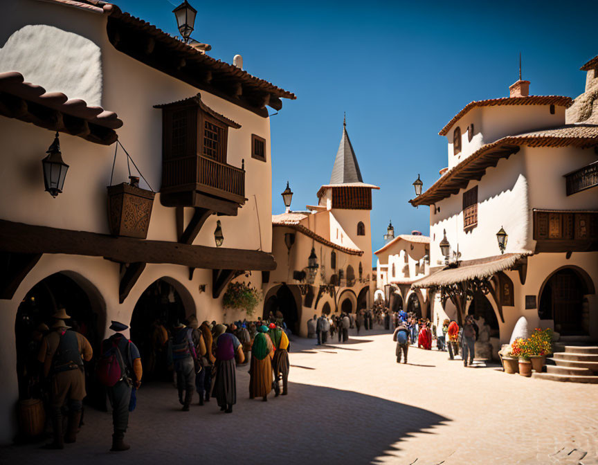 Medieval-style village courtyard with people in period costumes