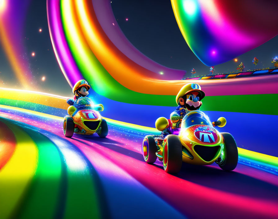 Colorful karts race on vibrant rainbow track