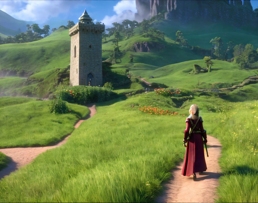 White-Haired Character in Red Cloak on Grass Path to Solitary Tower