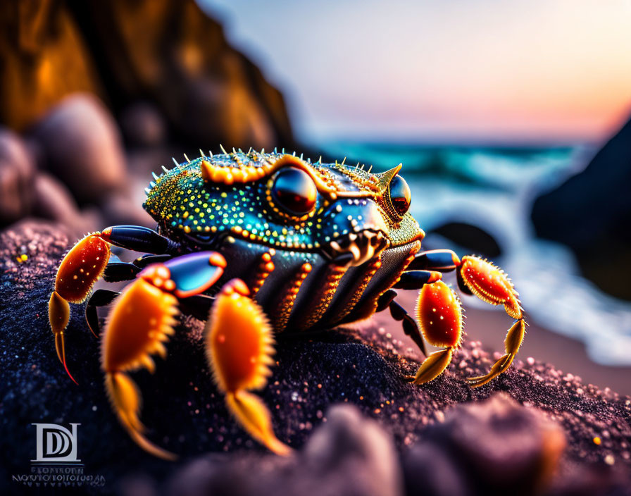 Vibrant Orange and Blue Crab on Rock at Sunset