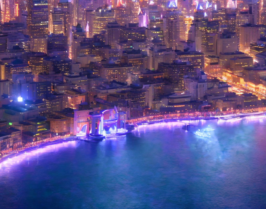 Vibrant Night Cityscape with Illuminated Streets and Waterfront