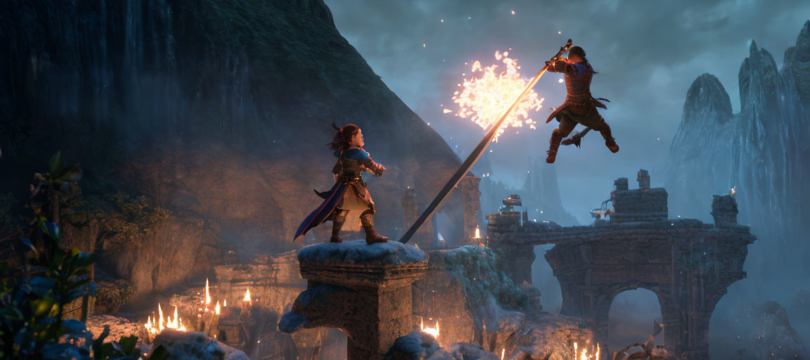 Animated characters in mystical setting with sword and fiery weapon amid ruins and waterfalls