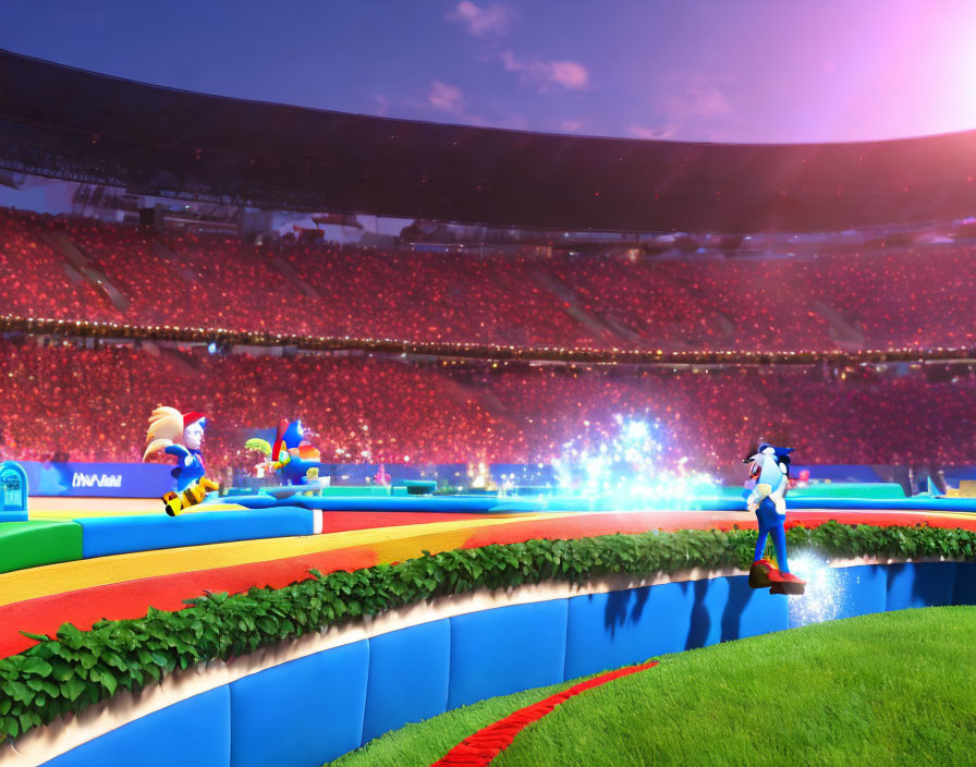 Colorful Sonic the Hedgehog racing scene in packed stadium
