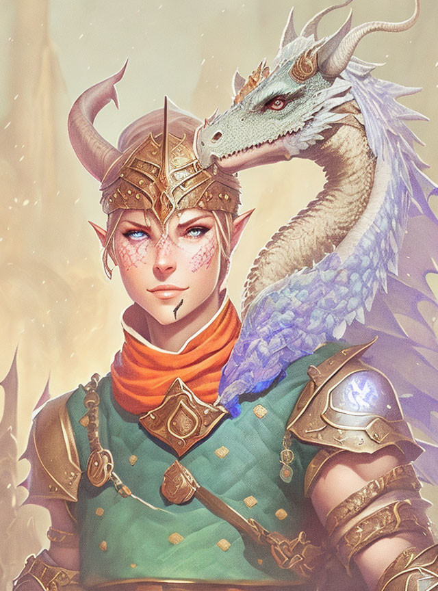 Elf warrior in green and gold armor with majestic dragon on warm background