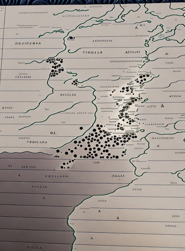 Map with Black Dots, Snaking Lines, and Ancient Script Place Names