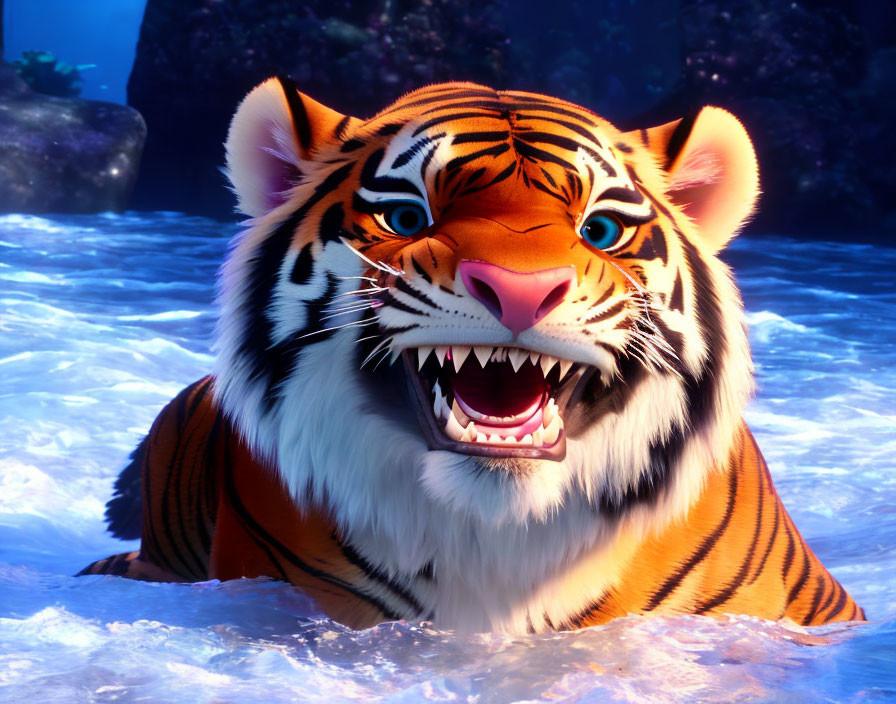 Colorful Animated Tiger Submerged in Water at Night