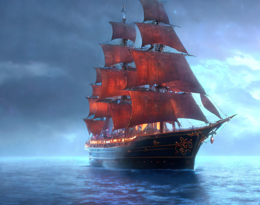 Majestic sailing ship with red sails on ocean at dusk