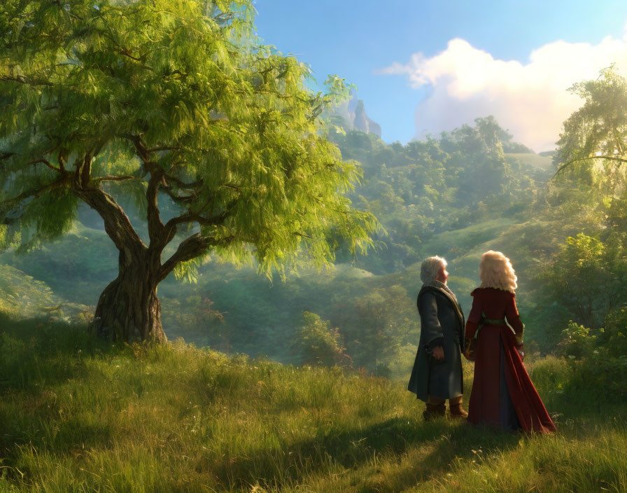 Fantasy-themed digital artwork of two characters under a tree in a sunlit landscape
