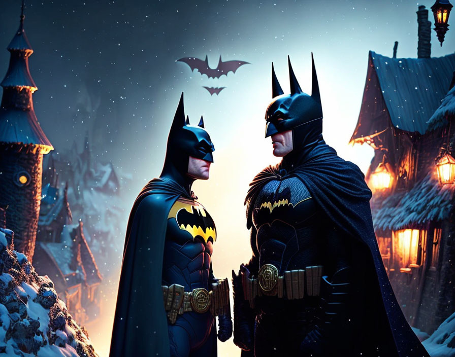 Two Batman characters in snowy cityscape with bat signal.