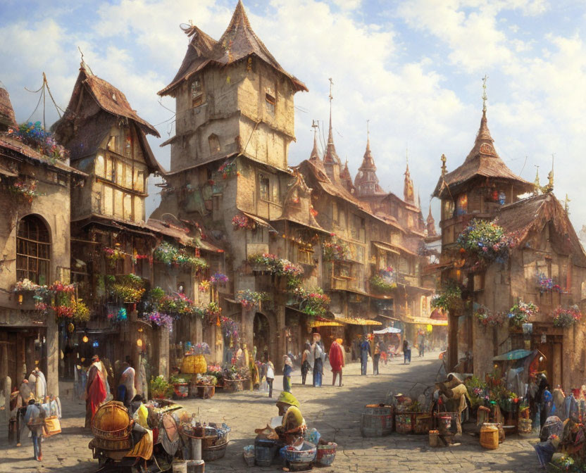 Medieval market scene with vibrant stalls and townsfolk in warm sunlight