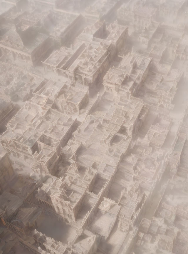 Traditional sandy old city with dense architecture in misty aerial view